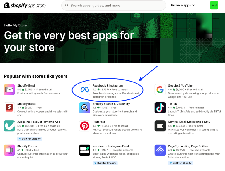 Shopify App Store; Facebook and Instagram circled in blue with an arrow.