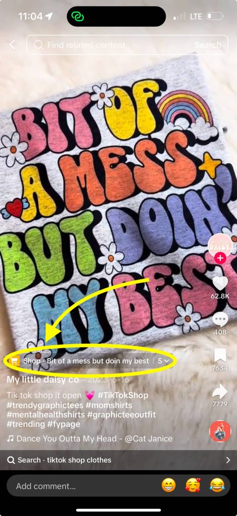 TikTok Shop clothing ad showcasing shoppable content with tagged fashion items, enabling users to purchase directly from the video interface.