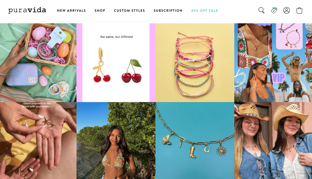 Instagram carousel on Puravida featuring shoppable content with clickable product tags, allowing users to browse and purchase items directly from the feed.