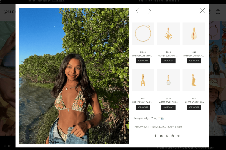 Mobile view of a shoppable content experience featuring a woman wearing a pink outfit with tappable product tags; side panel displays item details, price, and purchase options for seamless in-app shopping.