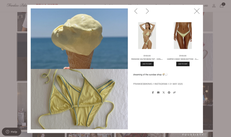 On frankie's girls website, showcasing shoppable content feature by Foursixty.