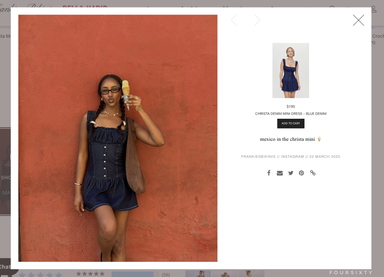 Screenshot of a dark lady wearing a dress on a PDP page popup that shows a shoppable content gallery