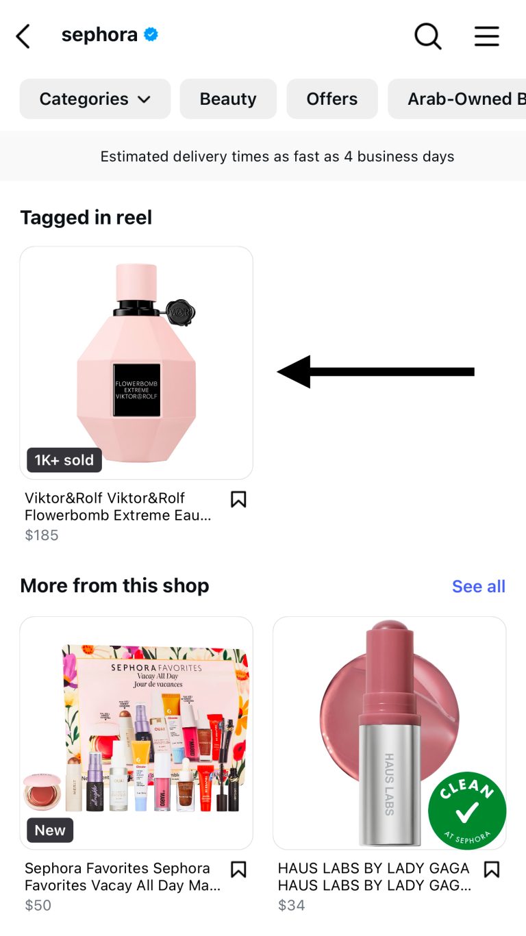 Shoppable post driving to an instagram store to purchase the aforementioned product from Sephora's ecommerce store.