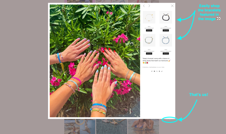 screenshot of puravida shopping gallery using foursixty; 4 different hands wearing bracelets in a PDP