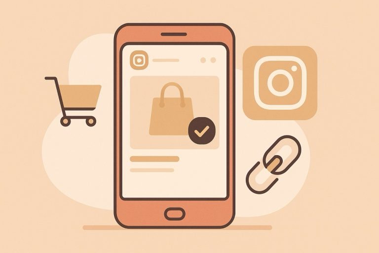 illustration of a smartphone showing an Instagram-style shoppable post with a shopping bag, cart icon, and link symbol, representing Instagram shopping integrations in soft peach and beige