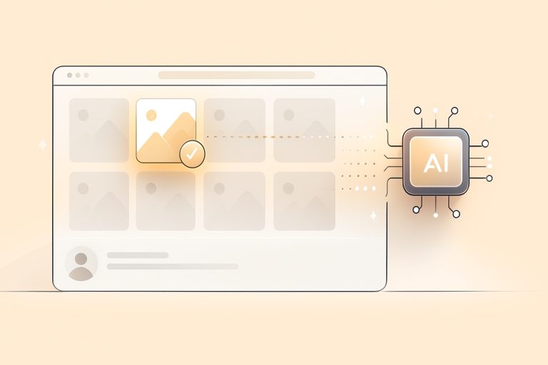 illustration showing an AI chip selecting the top user-generated content image from a UGC grid, with a highlighted photo and checkmark symbolizing automated curation in soft peach and beige tones