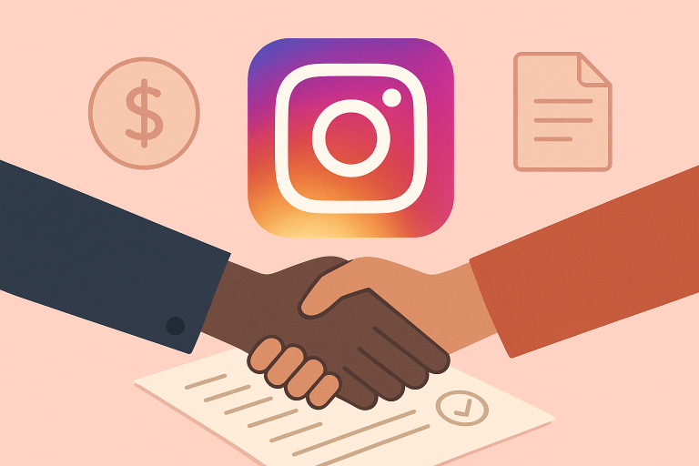 two-hands-shaking-over-a-signed-document-beneath-the-Instagram-logo-surrounded-by-icons-for-money-and-contracts-symbolizing-brand-deals-and-influencer-partnerships-in-soft-peach-and-beige-tones