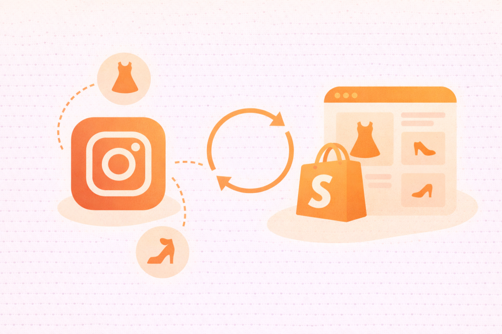 Minimalist illustration of Instagram Shopping syncing a product catalog with Shopify, showing connected product icons and storefront