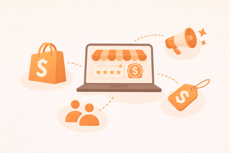 Shopify affiliate marketing apps illustrated with ecommerce storefront, promotion icon, and commission tag