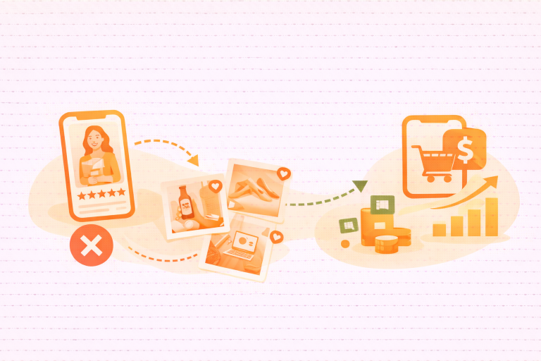 Minimalist illustration showing user-generated content flowing from customer posts into ecommerce conversions and revenue growth