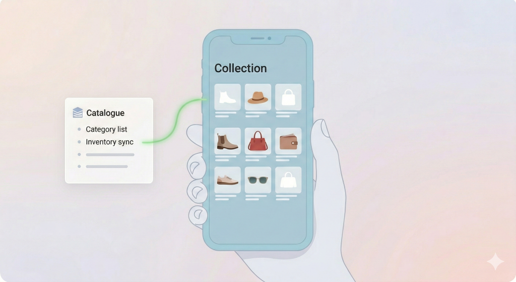  A clean UI comparison showing a standard product catalogue list next to a curated, visual Facebook Shop collection featuring hero products like boots and hats
