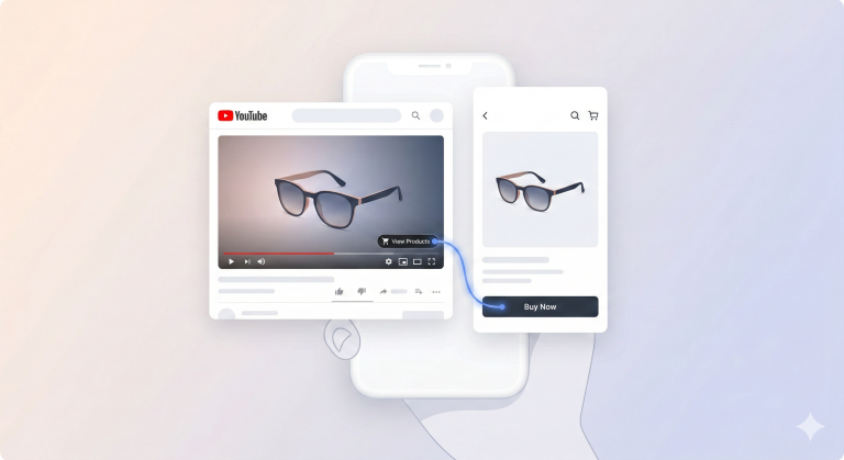 A minimalist illustration showing a YouTube video player on a mobile device with a View Products tag that connects via a glowing line to a "Buy Now" product page, symbolizing the conversion of video content into direct revenue