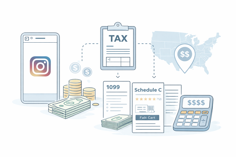 minimal line illustration showing social media earnings flowing into tax documents with icons for income 1099 schedule c calculator and financial tracking
