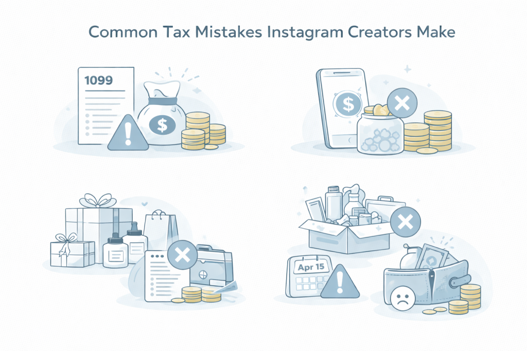 minimal illustration showing tax risks for instagram creators with icons for income tracking errors unreported gifts late deadlines and poor financial planning